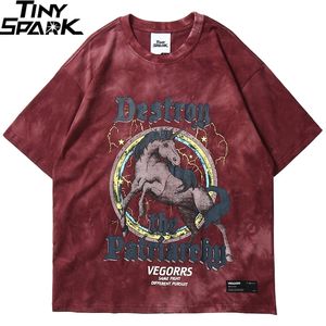 Hip Hop T Shirt Mężczyźni Streetwear Drukuj Wild Horse Tshirt Harajuku Lato Topy Tees Krótki Rękaw Bawełniany Loose T-Shirt Dye 220312