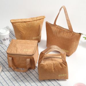 High Quality DuPont Paper Aluminum Film Bag Outdoor Picnic Insulation Bags ice lunch box kraft papers Bento Pack folding digestible Handbag Brown Size 4