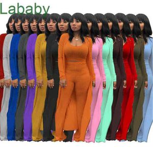 Kobiety Dresy 3 sztuki Zestaw Designer Stroje Szczupowe Seksowne Knited Solid Color Wysoka Elastyczność Crop Top Wide Neg Spodnie S-XXL 14 Kolory