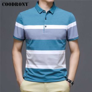 Coodronyブランド春の夏の到着高品質のカジュアルな柔らかい綿の上部のファッションの縞模様の半袖ポロシャツ男性C5147S 210707