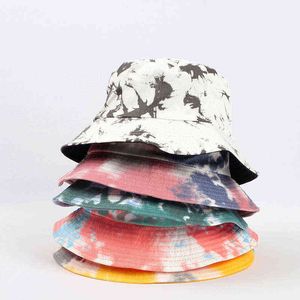 両面身に着たキャップビザ虹色のバケツの帽子男性と女性の綿の平らな太陽の帽子リバーシブルサンネクタイ染料フィッシャーマン帽子G220311