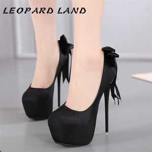 LEOPARD LAND 16cm 여성 펌프 라운드 투 섹시 새틴 라지 보우 파인 하이힐 싱글 슈즈 여성화 CWF-my258-52 210329