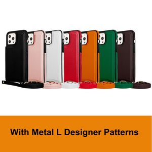 Luxury Top Leather L Matel Designer Telefonfodral för iPhone 14Plus 13 Pro Max 12 Mini 11 XR 8 7 Plus modekort Slot Multifunktionellt stativ Holder Pocket Case Back Cover Cover