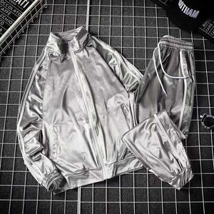 2021 förtjockad Spring Ice Veet Sports Suit Men's Hip Hop Two Piece Set Baseball Jacket Haruku X0909