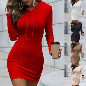 New Year Women Solid Color Hooded Casual Sexy V-neck Bag Hip Skirts Women Long Sleeve Sweaters Mini Dress Y1204