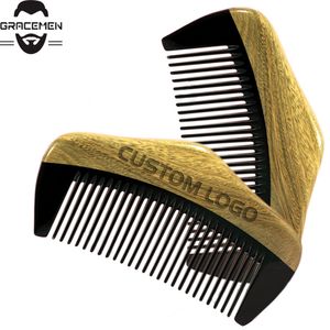 Moq 100 st Anpassad logotyp Premium Natural Green Sandelträ Hair Comb Wood Beard Combs Bred tand för män Kvinnor