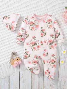 Baby-Schlafoverall mit Blumenmuster und Füßen, Mütze SIE