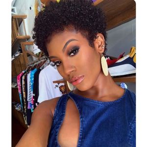 Vacker kort Pixie Cut Curl Wig Brasiliansk African American Frisyr Simulering Mänskliga Hår Kinky Curly Wigs