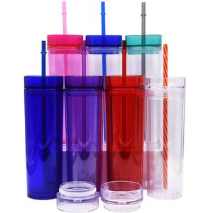 450ml Acrylic Skinny Tumbler with Straw home Double Walled Plastic Coffee Mugs Clear Colorful Water Bottles Travel Straight Cup