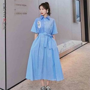 Summer Elegant Striped Dress Women's Stitching Contrast Color Large Size Lace Up Waist Long Dresses 2D1693 210526