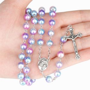 Madonna Crucifix Necklace Rainbow Imitation Pearl Cross Halsband Fashion Jewelry for Women Girls Will and Sandy