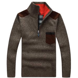 Vintermän Pullover Stickad tröja Male Wool Fleece tjock Casual Pullover Patchwork Warm Pocket Sweater Standing Collar 220108