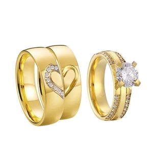 結婚指輪の提案の婚約セット男性と女性のゴールデンハート愛好家アライアンス3ピースの約束カップルリング結婚