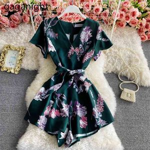 Flor Chiffon Mulheres Jumpsuit Manga Curta V Neck Sash Chique Escritório Lady Beach Férias Playsuit Moda Verão Robe 210601