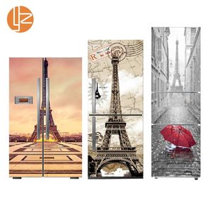 Creative Paris Pattern Self-adhesive Vinyl Fridge Stickers Mural Vintage Refrigerator Sticker Door Cover Kitchen Furniture Decor 210310