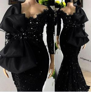 Långärmad sjöjungfru Prom Klänningar 2022 Beading Lace Black Bow Celebrity Evening Reception Sukienki Party Gowns Vestido de Fiesta