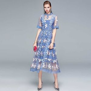 Estate elegante fiore ricamo partito pizzo maglia abito donna floreale ricamato Abbigliamento femminile di alta qualità 210529