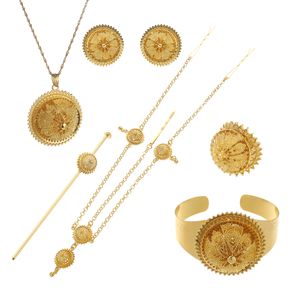 6pcs Ethiopian Bridal Jewelry Sets Gold Color Habesha Eritrea African Wedding Necklace Earrings Bracelet For Women