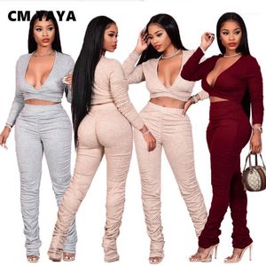 Women's Tracksuits CM.YAYA Sweatsuit Set Long Sleeve Tee Tops Stacked Ruched Flare Pants Active Tracksuit Two Piece Outfits1