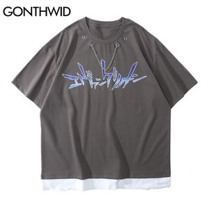 Tees Gömlek Hip Hop Yırtık Yıkılan Delikler Sahte 2 Parça T-Shirt Streetwear Erkek Harajuku Nedensel Kısa Kollu Tişörtleri 210602