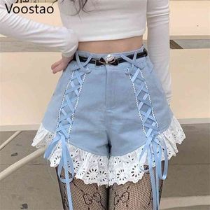 Tatlı Lolita Tarzı Şort Yaz Kadın Kore Dantel Ruffles Patchwork Bandaj Yüksek Bel Kadın Harajuku Punk Kısa Pantolon 210719