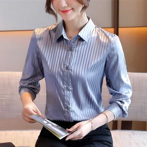 Moda Ipek Kadın Gömlek Kadın Saten Bluzlar Tops Uzun Kollu Bluz Ofis Bayan Çizgili Gömlek Artı Boyutu 210531