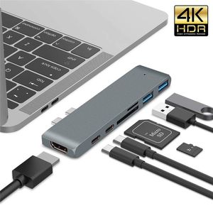 Multifunktionaler 7-in-2-USB-C-Hub, 2 x USB 3.0, HDTV, SD, TF-Leser, Typ-C, PD-Aufladung für MacBook-Tablet