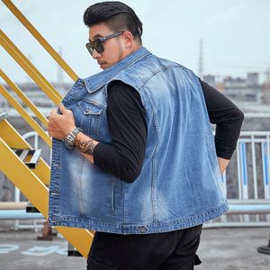 Tamanho grande 8xl 7xl 6xl homens coletes de algodão sem mangas jaqueta 2021 moda jeans jeans cowboy masculino outdoor colete luz azul gordinho roupas