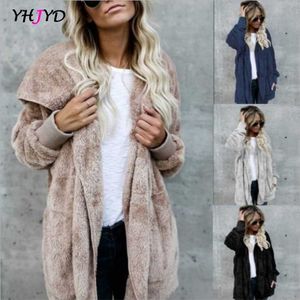 Faux Fur Coat Kvinnor Höst Vinter Varm Mjuk Lång Jacka Outwear Plush Overcoat Pocket Buttonless Cardigan med Hood 211220