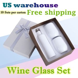 US Warehouse White Wine Glasses Sets 500ml / 17oz Sublimation Cola muggar Rostfritt stål Vakuumisolerad rånar 2st 12oz äggkoppar Lock Tumbler Gifts Box 10sets / Carton