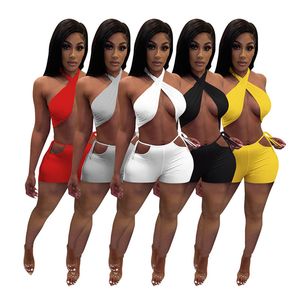 Kobiety Sexy Night Club Zużycie Plus Size 2xl Stroje Solid Color TrackSuits BEAVEVELESS TOP+KRÓTKI DWU KOSIEPIOWY ZESTAW STOSUAL