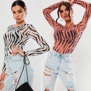 Mulheres Blusas Camisas Perspectiva Mulheres Zebra Impressão Transparente Malha Sheer O Pescoço Manga Longa Camisa Top Blusa Tops