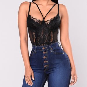 Ohyeahlady Bodycon Bodysuits Costume Sleeveless Mesh Patchwork Body Encaje Lace Perspective Sexy Women Hollow-out Fancy RJ80875 210303
