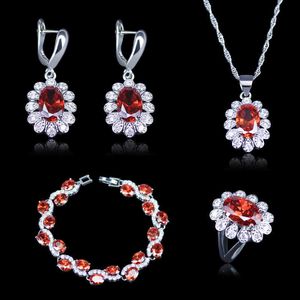 Elegante Oval Prata Princesa Red Cristal Stone Moda Mulheres Colar Brincos Colar Pingente Anéis Set H1022