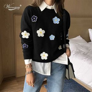 Koreansk blommig emobroidi pullover tröja högkvalitativa kvinnor eleganta o neck stickade toppar c-089 211011