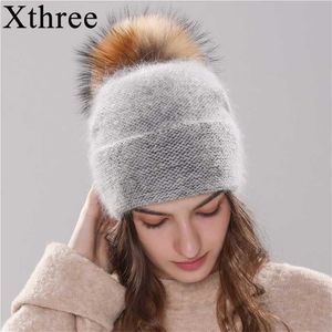 Xthree damska kapelusz zima czapka z dzianiny Angola Rabbit Fur Bonnet Girl 's Fall Samica Cap z Pom 211228