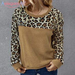 Aelegantmis solta lã quente mulheres camisolas outono manga comprida enorme manga longa senhoras o-pescoço leopardo moletom casaco 210607