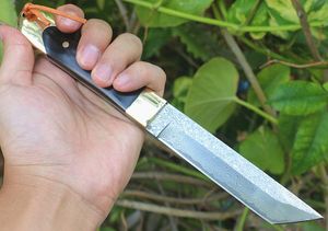 Till salu!! Damaskus överlevnad Straight Kniv VG10 Damascus Steel Tanto Point Blade Full Tang Ebony + Brass Head Handtag med Wood Cheat