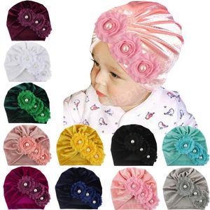Niedliche Baby-Haar-Accessoires für Neugeborene, Kinder, Jungen, Mädchen, indischer Turban-Hut, Blumen-Samt-Beanie-Kappen, solide weiche Kappe mit Perle
