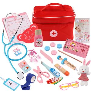 Çocuklar için Oyuncaklar Kız Erkek Çocuklar Oynamak Pretend Ahşap Doktor Oyuncaklar Kırmızı Tıbbi Kiti Diş Hekimi Tıp Kutusu Setleri Bez Çanta Ambalaj Oyunları 210312