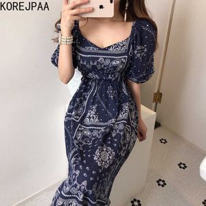 Korejpaa Kadınlar Elbise Yaz Kore Retro Etnik Tarzı Baskı Kare Boyun Seksi Lace Up Toplanmış Bel Kabarcık Kol Elbiseler 210526