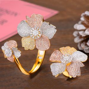 Brincos Colar SISCATHY 2021 Trendy Cubic Zircon Flower Bangle/Ring For Women Dubai Bridal African Wedding Jewelry Sets Luxury Accessor