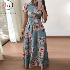 Kobiety Lato Maxi Dress Casual Krótki Rękaw Boho Kwiatowy Druku Długa Sukienka Turtleneck Bandaż Eleganckie Dresses Vestidos 210806