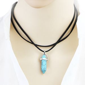 Fashion Womens Necklace Leather Necklaces Natural Stone Hexagonal Column Pendants Statement Chokers Necklaces Quartz Crystals Necklaces