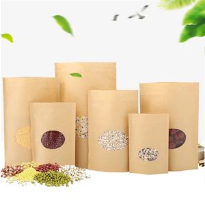 100 pçs / lote kraft papel sacos stand-up reutilizável de vedação de alimentos de alimentos do chá de frutas pacote de presente vazio sacos de armazenamento com janela transparente