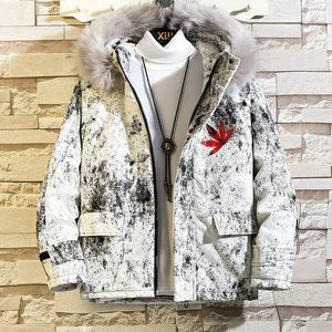 Men's Wool Large Size Parkas Men Hooded Fur Collar Abstract Printed Decor Pocket Thicken Warm Wind Proof Winter New Male Cotton Coat