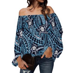 Blusas femininas Camisas Hycool Polinésia Elegante Mulheres Casuais Marinho Off Shoulf Top Long Slow Slove Samoan Tattoos Tribal Imprimir Plus Size