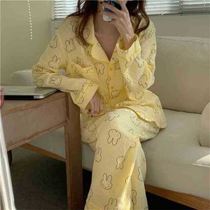 Lässig gedruckte Kaninchen Alle Spiele HomeWear Lose Fashion Nightwear Sweet Soft Chic Zweiteiler Anzug Pyjamas Sets 210525