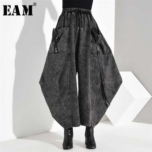 [EAM] Hohe Elastische Taille Tasche Split Lange Denim Breite Bein Hosen Lose Fit Hosen Frauen Mode Frühling Herbst 1D 211112
