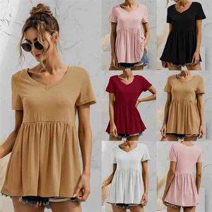 Women t shirt Summer Tops V-Neck Short Regular Sleeves Loose Long Solid Classic Casual Women's A-line T-shirt 210524